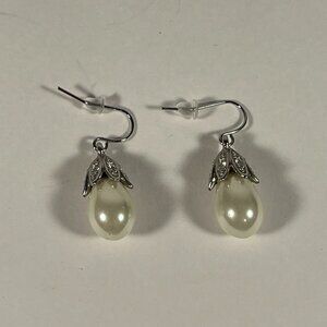 Faux Pearl Dangle Earrings Silver with Clear Gemstones